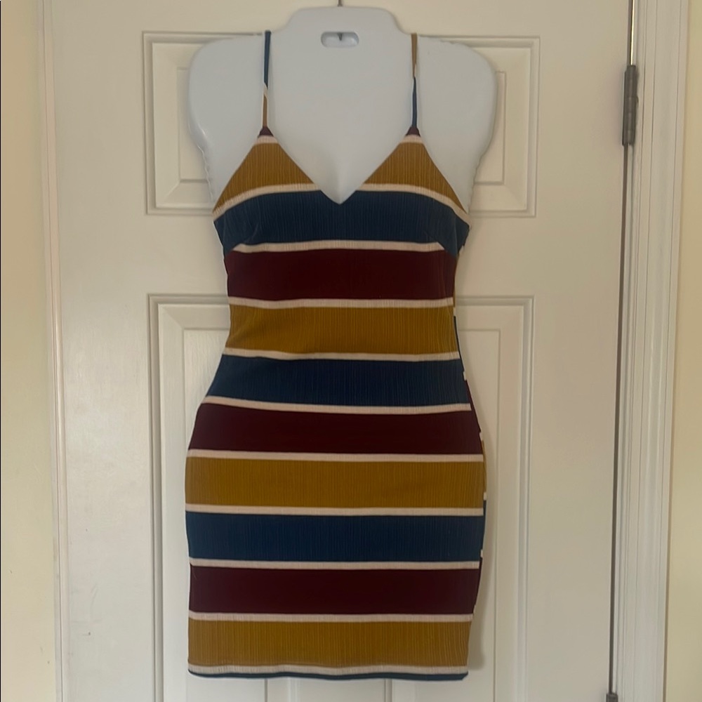 Striped Bodycon Spaghetti Strap Dress in Mustard, Navy & Burgundy